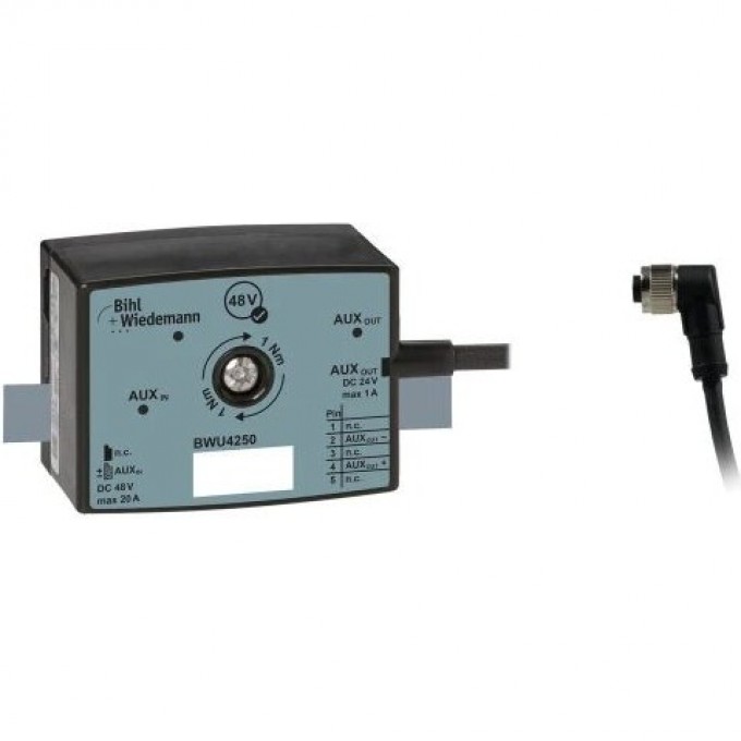 Преобразователь напряжения BIHL+WIEDEMANN 48 В/24 В, 1 А, с кабелем AUX 48 В и угловой кабельной розеткой M12 5-контактной 2-KABELBUCHSE,-GEWINKELT,-5-POLIG-(AUX-24-V),-35-MM,-IP67 SPANNUNGSWANDLER-48-V/24-V,-1-A,-AUX-48-V-PROFILKABEL-AUF-1-X-M1